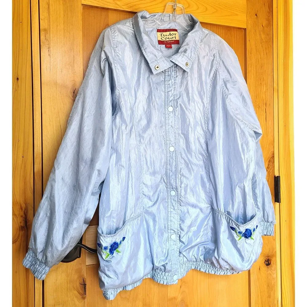 Tudor Court XL Embroidered Powder Blue‎ Floral Windbreaker Jacket Shiny Pastel